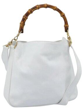 GUCCI Bamboo Shoulder Bag Leather 2way White Gold 001 2113 1638 Auth 182303